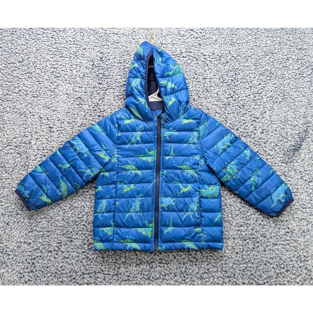 Jumping Beans Puffer Winter Jacket Boys 2T Dinosaur Print Hooded Outdoor Blue